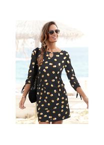 Buffalo , Jerseykleid, mit B&auml;ndern zum Knoten , bunt , N-Gr , schwarz-gelb-bedruckt , Kurzes Sommerkleid mit 3/4-&Auml;rmeln