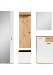 ByLiving Garderoben-Set »Jakob«, (5 St.) weiß Weiß / Artisan Eiche Spiegel, Schuhkommode, Wandpaneel, Sitzbank, Garderobenschrank