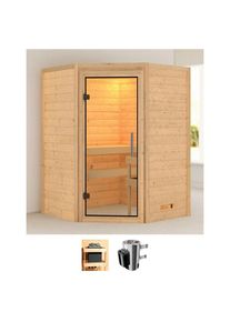 Karibu Sauna »Agneta«, (Set), 3, 6-kW-Plug & Play Ofen mit integrierter Steuerung beige naturbelassen