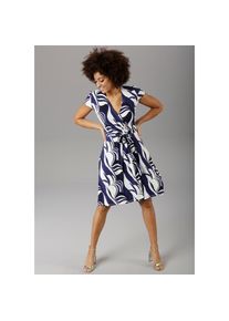 Aniston SELECTED , Sommerkleid, mit grafischem Druck , blau , N-Gr , lilablau-weiss-schwarz-gemustert , Damenkleid in femininer Wickel-Optik