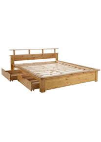 Home Affaire Funktionsbett »Finja«, aus massivem Kiefernholz, inklusive Rollrost, Kopfteil mit praktischer Ablagefläche braun ecobio fsc...