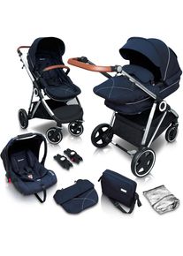 BABYGO Kombi-Kinderwagen »Halime 3in1, Blue Silver«, inklusive Babywanne, Babyschale, Regenhaube & Wickeltasche blau
