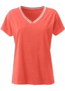Damen V-Shirt mit gerippten Ringel-Akzenten korallenrot