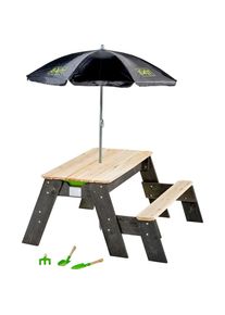 EXIT Garten-Kindersitzgruppe »Picknicktisch Aksent«, BxT: 94x94 cm, mit Schirm und Sandspielzeug braun holzfarben/grau