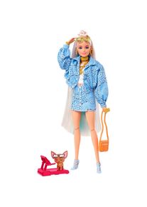 Barbie Anziehpuppe »Extra«, (blond) mit hellblauem Rock & Jacke, Hund & Zubehör blau