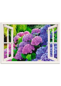 Wandbild »Fensterblick Hortensien im Garten«, Blumen, (1 St.), gedruckt , lila , Artland