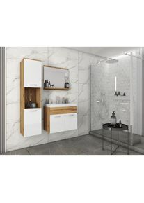 Welltime Badmöbel-Set »Lorca«, Set L Lorca 60cm Waschbecken Unterschrank Hochschrank Waschtisch weiß eiche wotan/weiß Hochglanz
