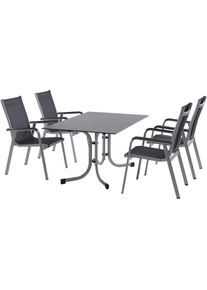 siena GARDEN Garten-Essgruppe »Tesoro / Sola«, (Set, 5 tlg.), Set, 5-tlg, bestehend aus 4 Sesseln und 1 Tisch grau, dark stone, silber