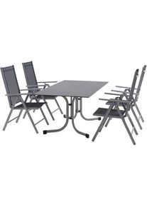 siena GARDEN Garten-Essgruppe »Saturn / Sola«, (Set, 5 tlg.), Set, 5-tlg, bestehend aus 4 Sesseln und 1 Tisch silber, dark stone