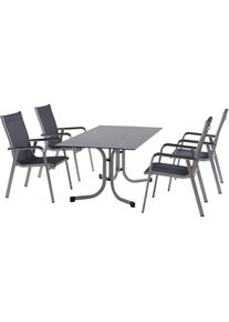 siena GARDEN Garten-Essgruppe »Tesoro / Sola«, (Set, 5 tlg.), Set, 5-tlg, bestehend aus 4 Sesseln und 1 Tisch grau, dark stone, silber