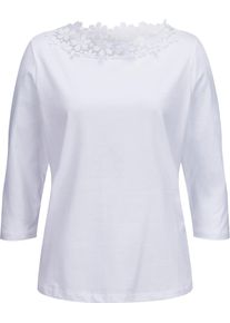 Damen 3/4-Arm-Shirt mit transparenter Bl&uuml;ten-Spitze weiss