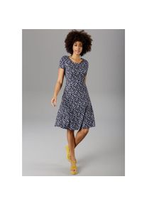 Aniston SELECTED Sommerkleid, mit modischem Rückenausschnitt blau 46 N-Gr dunkelblau-blau-weiß-hellbraun Damenkleid mit raffiniertem Rückenausschnitt