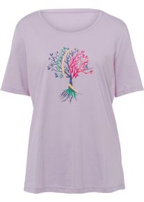 Damen Kurzarmshirt mit platziertem Druck flieder-jeansblau