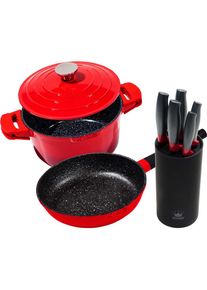 King Topf-Set »Shine Grey«, Aluminiumguss, (Set, 8 tlg.), Induktion, (Schmortopf, Pfanne, Messerblock) rot