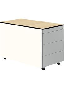 Schubladencontainer mit Rollen, HxT 573 x 800 mm, HPL-Vollkernplatte, 3 Schubladen, reinweiß / weißaluminium / Ahorn Mauser
