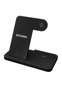 Werbeartikel SCX.design W28 kabellose 3-in-1 Ladestation kabellos mit Telefonst&auml;nder und Leuchtlogo | schwarz | mit Logo bedrucken