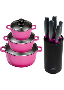 King Topf-Set »Berry«, Aluminiumguss, (Set, 9 tlg., 3 Töpfe, 3 Deckel, Messerblock, 5-Kochmesser), Induktion lila violett