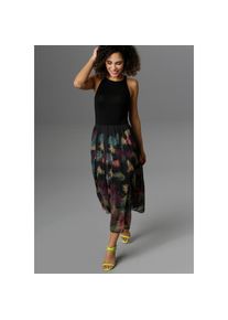 Aniston SELECTED Sommerkleid, mit buntem Blätterdruck schwarz 42 N-Gr schwarz-beere-grün-rauchblau-lila-apfelgrün-grau-apricot-sand Damenkleid mit...