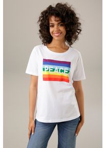 Aniston CASUAL T-Shirt, Frontdruck mit Regenbogen und PEACE-Schriftzug