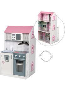 Roba® Spielküche »2-in-1, rosa«, mit mehrstöckigem Puppenhaus