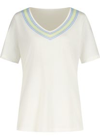 Damen V-Shirt mit Druck am Ausschnitt ecru-himmelblau