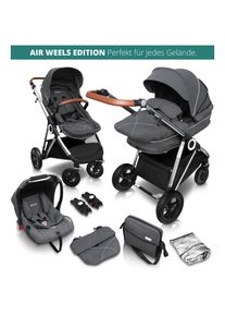 BABYGO Kombi-Kinderwagen »Halime AIR 3in1, Grey Silver«, mit Luftreifen, inkl. Babywanne, Babyschale, Regenhaube & Wickeltasche grau