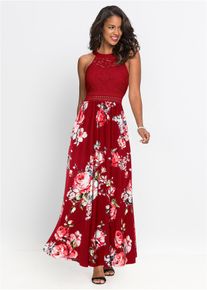 Sommer-Maxikleid mit Blumen-Print und Spitze in rot, Grösse 50, bonprix