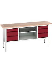 Kastenwerkbank Bott verso, mit Multiplex-Platte, 6 Schubladen & 1 Ablageboden, B 2000 x T 600 x H 830 - 930 mm, RAL 7035 Lichtgrau / RAL 3004 Purpurrot