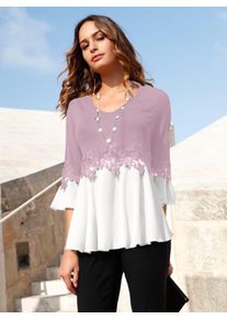 WITT Damen V-Shirt mit Volants an den &Auml;rmeln, mauve-wei&szlig;, Gr&ouml;&szlig;e 40, 95% Viskose, 5% Elasthan