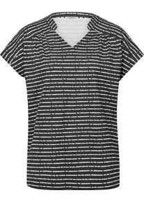 Damen Shirt mit Stehkragen und V-Ausschnitt schwarz-weiss-geringelt