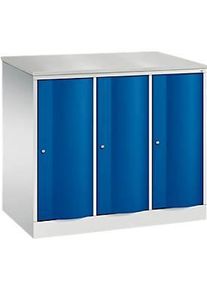 C+P Garderobenschrank Resisto, 3 Abteile, 3 F&auml;cher, B 1148 x T 640 x H 1077 mm, Lichtgrau/Enzianblau