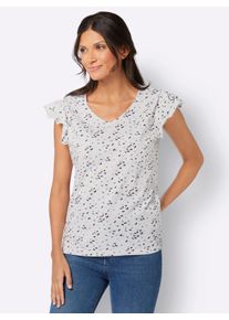 WITT Damen V-Shirt mit Schmetterling-Muster, ecru-marine-bedruckt, Gr&ouml;&szlig;e 54, 100% Baumwolle