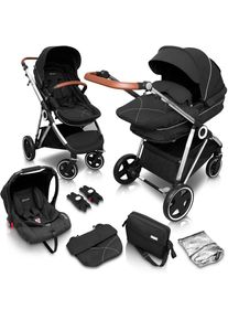 BABYGO Kombi-Kinderwagen »Halime 3in1, Anthracite Silver«, inklusive Babywanne, Babyschale, Regenhaube & Wickeltasche schwarz