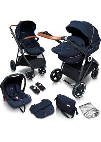 BABYGO Kombi-Kinderwagen »Halime 3in1, Blue Black«, inklusive Babywanne, Babyschale, Regenhaube & Wickeltasche blau
