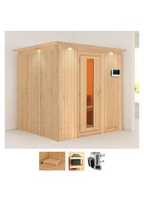 Karibu Sauna »Dima«, (Set), 3, 6-kW-Plug & Play Ofen mit externer Steuerung beige naturbelassen