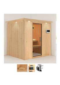 Karibu Sauna »Dima«, (Set), 3, 6-kW-Plug & Play Ofen mit externer Steuerung beige naturbelassen