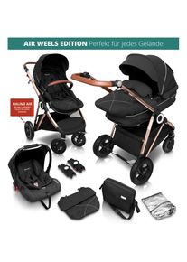 BABYGO Kombi-Kinderwagen »Halime AIR 3in1, Anthracite Gold«, mit Luftreifen, inkl. Babywanne, Babyschale, Regenhaube & Wickeltasche schwarz