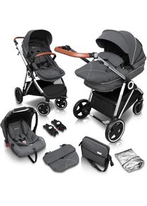 BABYGO Kombi-Kinderwagen »Halime 3in1, Grey Silver«, inklusive Babywanne, Babyschale, Regenhaube & Wickeltasche grau