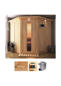 Karibu Sauna »Jarla«, (Set), 9-kW-Ofen mit externer Steuerung beige naturbelassen