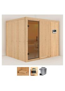 Karibu Sauna »Gitte«, (Set), 9-kW-Ofen mit externer Steuerung beige naturbelassen