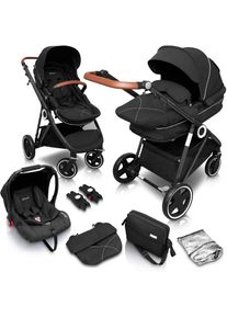 BABYGO Kombi-Kinderwagen »Halime 3in1, Anthracite Black«, inklusive Babywanne, Babyschale, Regenhaube & Wickeltasche schwarz