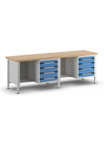 Werkbank, Gestellbauweise Serie 8000, 8 Schubladen: 4 x 120, 4 x 150 mm, extrabreit, BxT 2500 x 700 mm eurokraft pro