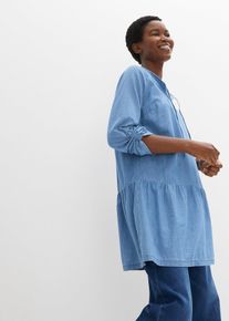 Denim-Tunika mit Volant aus Bio-Baumwolle langarm in blau, Grösse 44, 100% Baumwolle, bonprix