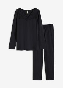 Pyjama mit zarter Spitze in schwarz, Grösse 36/38 (S), 100% Baumwolle, bonprix
