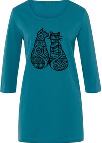 Damen Longshirt mit Katzen-Print aquapetrol-schwarz