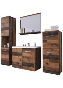 Welltime Badmöbel-Set »PARLA«, (Komplett-Set, 5 St.), Waschtisch inkl. Waschbecken, Spiegel, Hochschrank und Hängeschrank braun old vintage