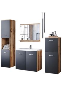 Welltime Badmöbel-Set »PARLA«, (Komplett-Set, 5 St.), Waschtisch inkl. Waschbecken, Spiegel, Hochschrank und Hängeschrank schwarz Votan...