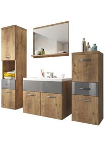 Welltime Badmöbel-Set »ELDA«, (Komplett-Set, 5 St.), Waschtisch inkl. Waschbecken, Hochschrank, Badschrank und Spiegel braun kastanien...