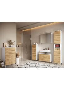 Germania Badmöbel-Set »Torrance«, (5 St.), Unterschrank, Spiegelschrank mit Beleuchtung, Kommode, Hochschrank weiß Weiß/Grandson-Eiche-Nachbildung