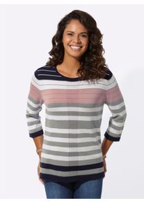 WITT Damen Rundhalspullover mit 3/4-Ärmeln, geringelt, hortensie-weiß-geringelt, Größe 50, 50% Baumwolle, 50% Polyacryl